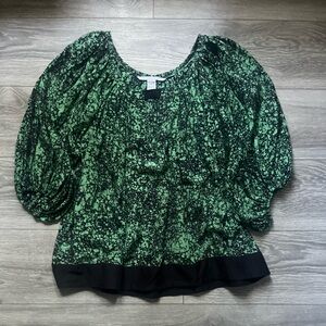 Diane Von Furstenberg Green Black Bubble Sleeve Silk Tunic Blouse Size S Career